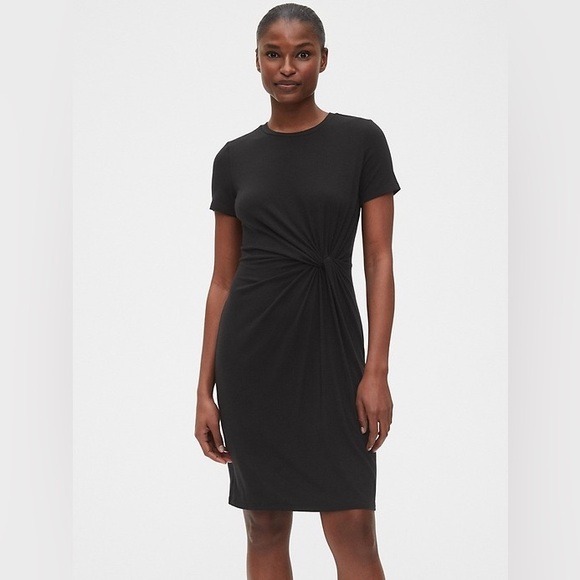Gap Black Softspun Short Cap Sleeve Twist Knot Front Midi Dress Black Small - Picture 3 of 8